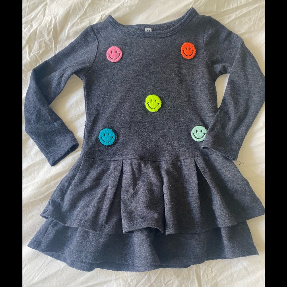 Girls' Dark Gray Smiley Tiered Dress - Multicolor Accents